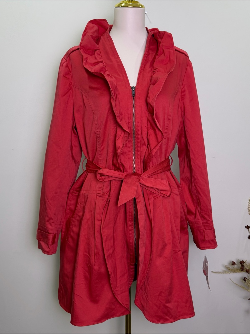 ELLE "Nice La Belle" Red Ruffled Belted Trench Coat XL